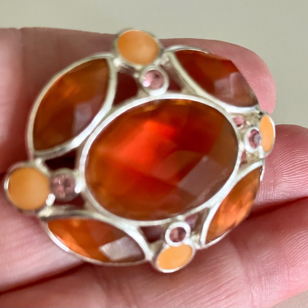 Stunning Brooch , Silver, Dark Amber, Orange Stones with Pink Crystal Zirconia